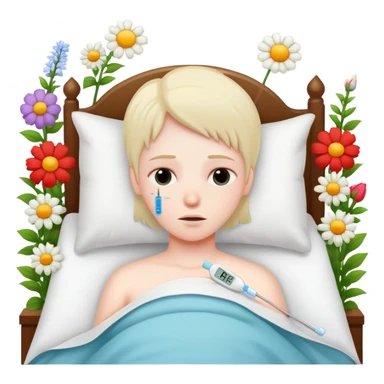 sick person in bed with thermometer and flowers sticker