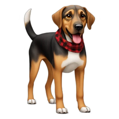 adult 75% Coonhound 25% German Shepherd mix dog with visible tail wearing small pointed red buffalo plaid bandana full body walking left quickly sticker