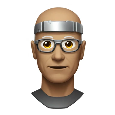 Older Male cyborg head with metallic plated face, brown flat top haircut, glasses and circuitry sticker