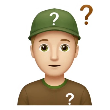 white fat man with brown cap and green t shirt printeed a question mark sticker