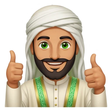 "Tanned Arab Saudi man with green eyes and a beard, wearing an agal and traditional attire, smiling happily and giving a big thumbs-up sticker