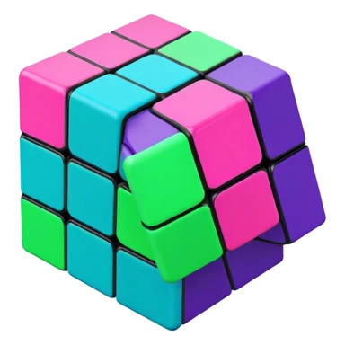 A 3x3 Rubik's Cube in mid-turn, showing movement, with vibrant 90s American colors like neon green, purple, turquoise and hot pink sticker