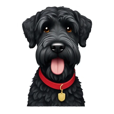 Black Russian terrier with a red collar sticker
