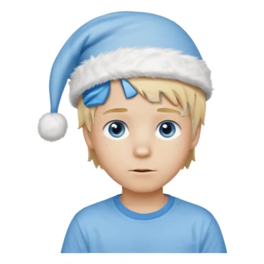 create boy blonde hair long messy, light eyes, white t shirt, rich, long hair, eyes blue, acessory head cristimas blue hat, fluffy hair sticker