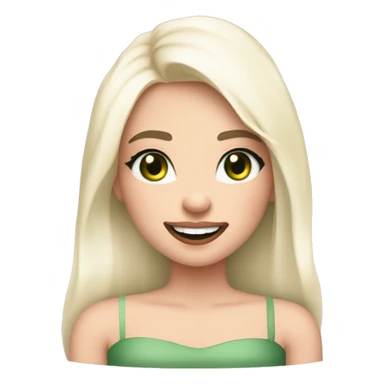 beautiful girl with fair skin, high cheek bones orange blush, long straight shiny dark brown hair, big green eyes and big pale pink lips. Long thick eyelashes. Wearing a cream bustier.  She is laughing sticker