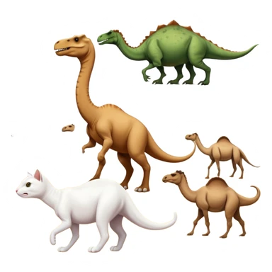 A white cat chasing a T-Rex in the desert with a herd of camels staring at them sticker