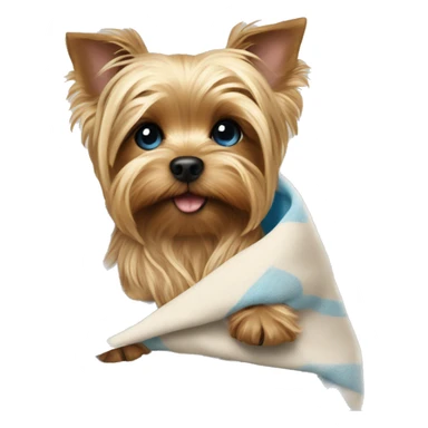 A yorkie puppy wrapped In a blanket held by a blonde haired blue eyed woman sticker