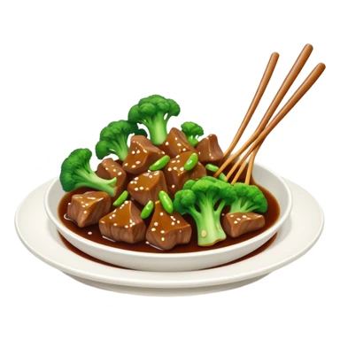 Beef with Broccoli in oyster sauce, simplified emoji style with bold outlines and bright colors, cartoon style stir fried Xi Lan Hua Niu Rou sticker
