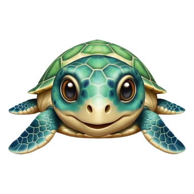 Cinematic Realistic Cute Sea Turtle Portrait Emoji, Head tilted playfully and inquisitively, featuring a compact, gentle form with a beautifully detailed shell adorned with natural patterns and a soft, expressive face with sparkling eyes, rendered with realistic textures and warm ambient light; high shine, affectionate and spirited, styled with a touch of marine whimsy, soft glowing outline, capturing the essence of a mischievous yet lovable sea turtle that seems ready to swim playfully into your arms! sticker