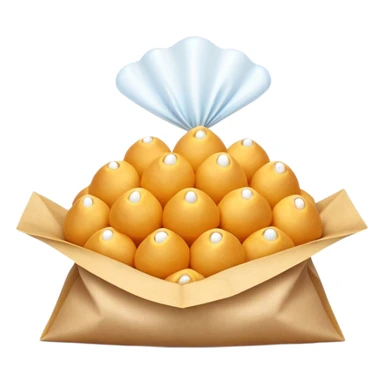 3D rendered mini Hong Kong egg puffs (鸡蛋仔) in paper bag, authentic bubble pattern, vibrant golden color, hyper-realistic texture, glossy finish, detailed individual bubbles, traditional street food presentation sticker