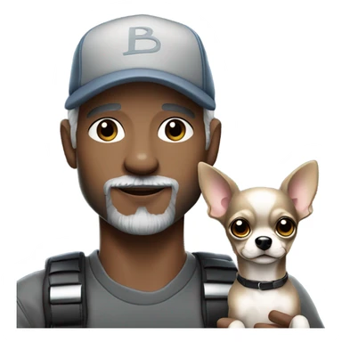 Handsome man with blue eyes, wearing ball cap, with grey hair and goatee beard, holding all black long haired chihuahua sticker