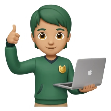 3D clay character standing confident, laptop under arm, thumbs up, deep green (#0B3D2C), cream laptop, gold accents, cute rounded, transparent background sticker