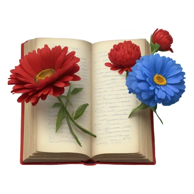 Aesthetic red vintage style book and a bouquet of red daisies and blue peonies in a blue glass vase  sticker