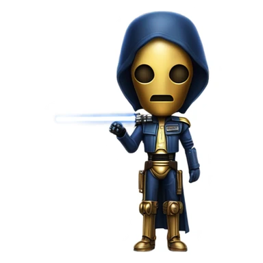 well-equipped jedi first order human-sized darkblue-pearl C3po as a friendly bounty hunter droid wearing a leather attire old west duster coat holding light saber ready to fight but relaxed. antiqued sticker