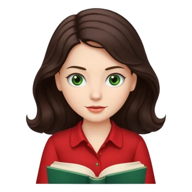 Long wavy dark brown haired, white skinned, dark green eyed girl in red blouse reading a book with a white background  sticker