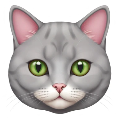 a female cat, british short hair mixed with scottish, grey white fur with a little bit of red-brownish, warm green eyes, pink nose sticker