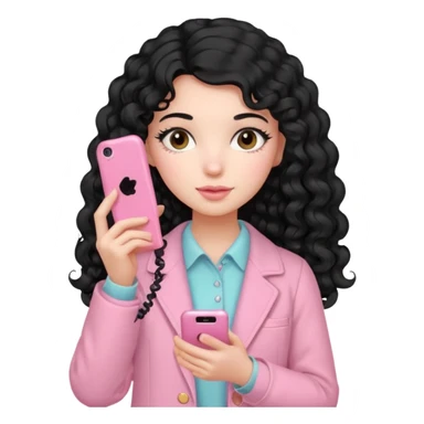 Girl with long curly black hair and vintage pastel pink clothing Holding a pink cell phone sticker