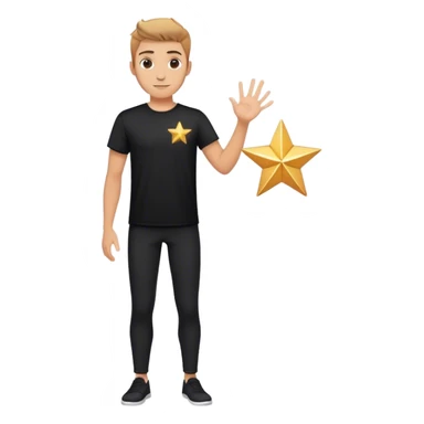 A handsome guy in black t shirt, in black pant. He is holding one hand out. On his hand, there's glittering star like shapes sticker