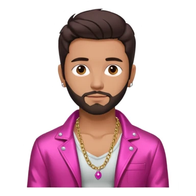 Frankie Zulferino, Pop Singer (b.1990) with dark brown hair and short beard shirtless with necklace, dark pink metallic jacket sticker