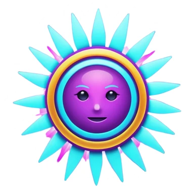 Futuristic glowing sun, neon rays, bright holographic purple and cyan glow, dark background, digital tech style sticker