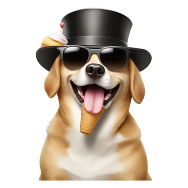 Dog with sunglasses and a top hat eating ice cream sticker