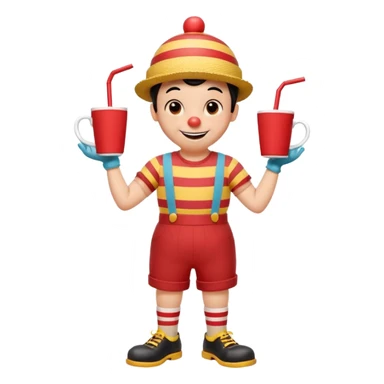 1930s rubber hose cartoon-style cup character with a big smile, black eyes, red nose, and striped straw on head. Wearing red shorts, yellow gloves, brown shoes, black shirt. Arms on hips, cheerful pose. Vintage Disney/Fleischer style, clean lines, limited colors, slight paper texture. 
 sticker