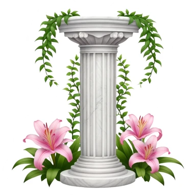 White tall marble pedestal with vines growing around it and pink lilies, beautiful romantic scenery  sticker