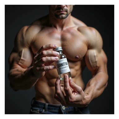 muscular bodybuilder, hyperrealistic photographic style, showing a vial with a label 'CARNITINA' in large block letters sticker
