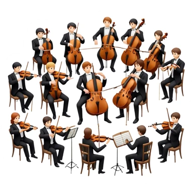 Icon for Classical Music: chamber orchestra with musicians playing string instruments (violins, violas, cellos) and a conductor leading the ensemble. The intimate, refined atmosphere. Transparent background. sticker