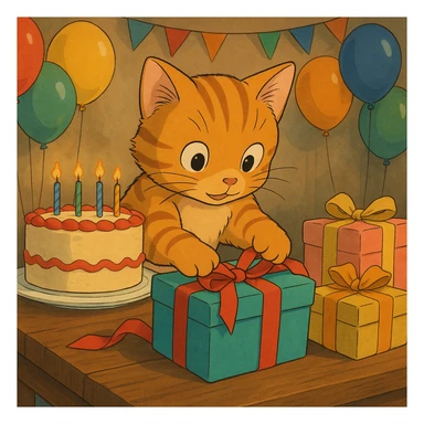 ginger tabby kitten opening presents, birthday party scene with balloons and cake, ghibli style sticker
