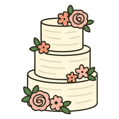 flat toon white buttercream three-tiered wedding cake with flowers sticker