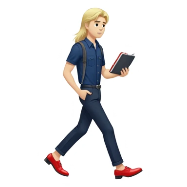 Guy with super long straight blonde hair wearing a short sleeve navy button up untucked black pants red shoes walking holding a notebook by his hip sticker
