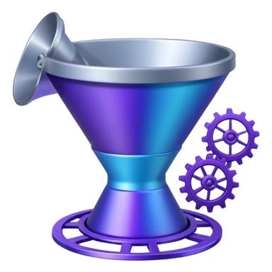 A funnel with cogs and a chart on the back sticker