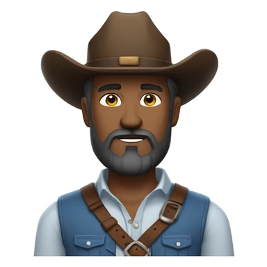 a rugged cowboy with a thick beard, wearing a blue vest over a classic western shirt and a brown belt with a silver buckle. He should have a confident stance, exuding a strong and adventurous frontier spirit. sticker