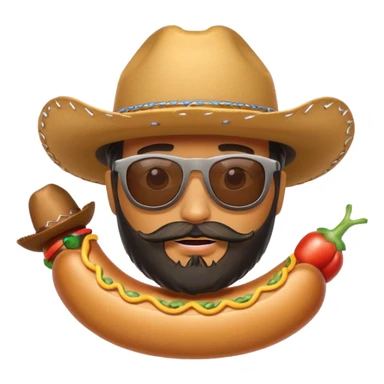 A bearded hotdog with sunglasses and a cowboy hat sticker