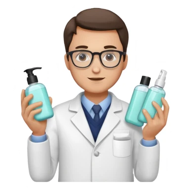 man with white coat and glasses holding skincare products sticker