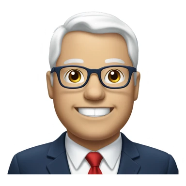 A fat man, white hair, with glasses, no beard, smiling with teeth, and wearing a navy blue suit and red tie sticker
