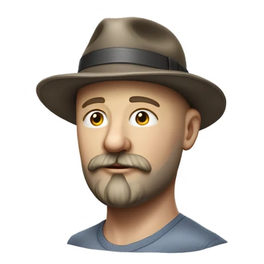 Photorealism A plump bald man of Slavic appearance with a goatee beard and mustache, wearing a fedora hat, big details sticker