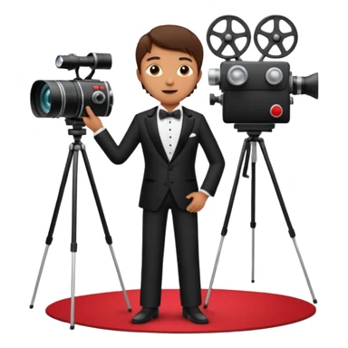 an actor standing on a red carpet with a formal tuxedo, with only one movie camera on a tripod next to him. sticker