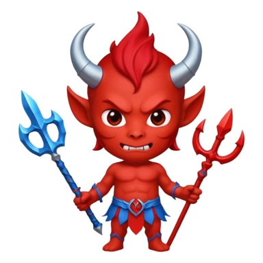 a Red devil, short horn Chibi red demon hold a blue trident sticker