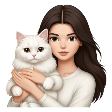 brunette Kendall Jenner with long hair holding on the hands a british white british cat sticker