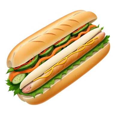 traditional banh mi with char grilled pork emoji 


    Very crusty baguette

    Mayo 

    Pickled carrot 

    Cucumber, coriander/cilantro, green onion, chilli 
 sticker