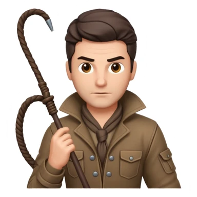 man with a whip portrait, head and shoulders only, whip coiled on shoulder, rugged outfit, confident look, 3D cartoon, mobile game icon style, clean background, no text, no watermark
 sticker