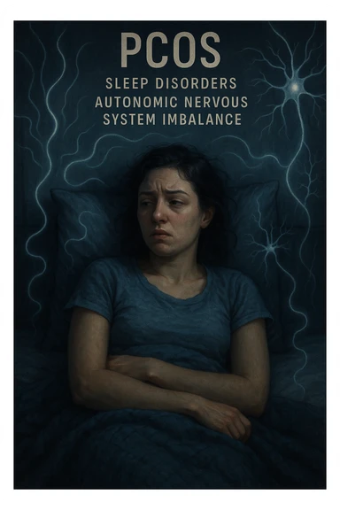 realistic and cinematic vertical illustration of a woman with PCOS in bed, sleep disorders and autonomic nervous system imbalance, agitated, symbols of nervous system imbalance, nighttime atmosphere, detailed, very few writings, 2:3 aspect ratio sticker