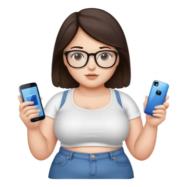 chica adolescente gordita ,pelo castaño oscuro,crop top blanco ,jeans vaqueros, espejuelos y un celular samsumg en su mano izquierda  sticker