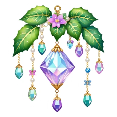 Exotic romantic Few cute tiny Iridescent glistening glossy sparkly shiny glittery hanging crystals pearls and beads and gemstones scenery scenic decorations with ivy and flowers sticker
