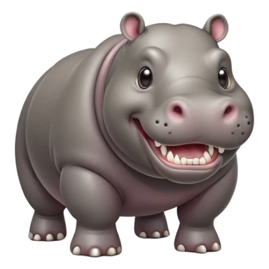 cinematic-hippo-realistic-full-body-side-view-standing-on-all-fours-emoji,-massive-round-frame,-wide-mouthed-grin-exposing-huge-teeth,-head-tilted-dramatically,-thick-grey-hide-glossy, big cute eyes sticker