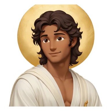 Cinematic Realistic Hercules Portrait, head tilted playfully and inquisitively, showcasing a charming blend of Disney heroic charisma and the refined grace of Michelangelo's David. His sun-kissed bronze skin and thick, wavy dark hair are rendered with classical precision, complementing a warm, inviting smile and sparkling, mischievous eyes. Clad in a softly draped white robe with subtle golden details, he exudes approachable strength under gentle, natural lighting. sticker