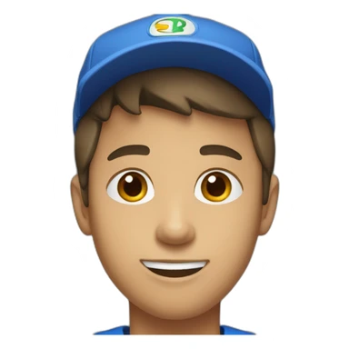 A young man with a blue cap and a blue t-shirt sticker