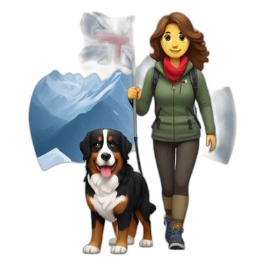 bernese mountain dog hiking with a woman with brown hairrin snow under the Norwegian flag sticker